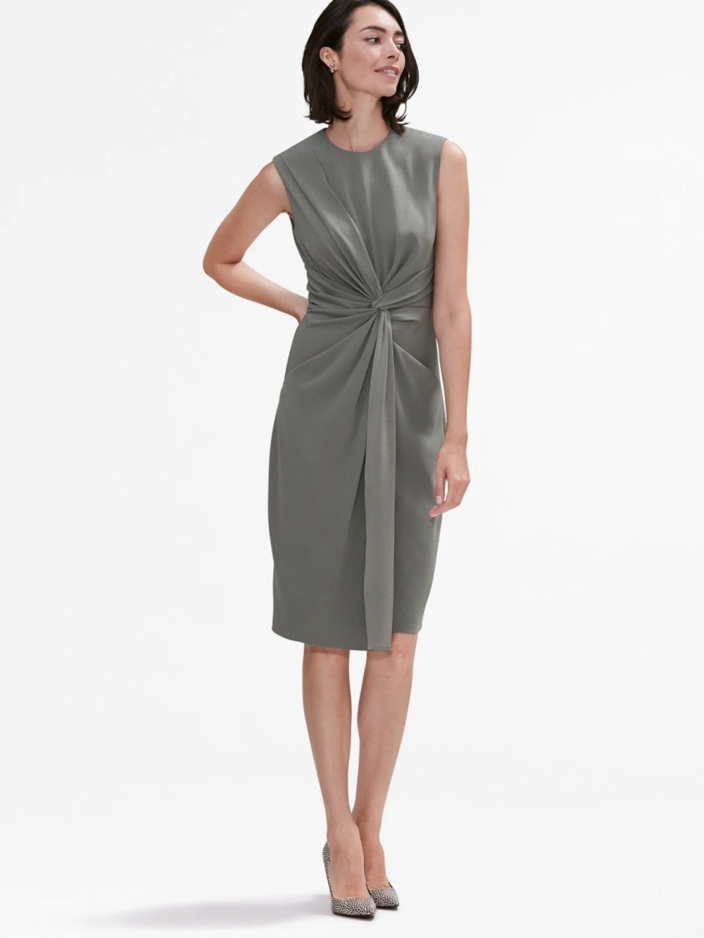 ♥️ $1595 MOSCHINO Sleeveless Twist-Front Silk Dress in Gray